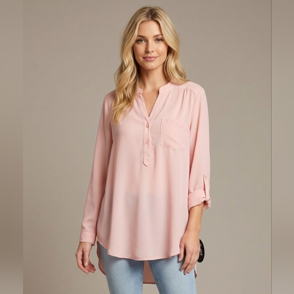 Wishful Park Women's Sheer Light Pink Split-Neck Longsleeve Blouse Size XL NWT